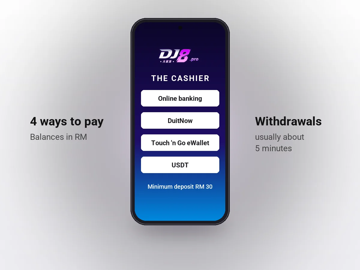 Illustration: the DJ8 cashier with online banking, DuitNow, Touch 'n Go eWallet and USDT