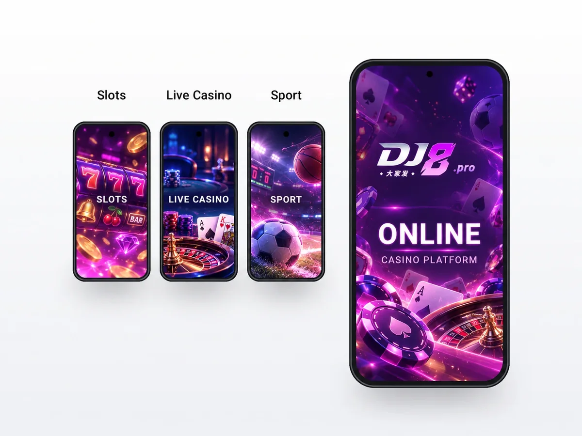 Illustration: the DJ8 online casino platform, with Slots, Live Casino and Sport sections