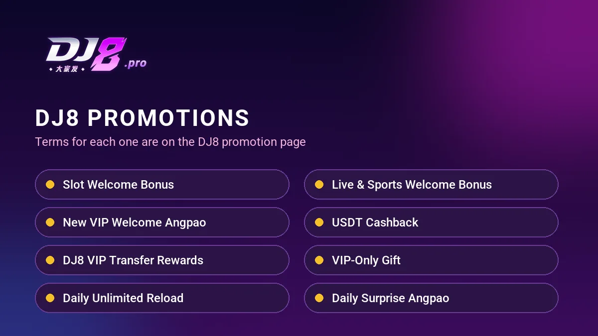 DJ8 promotions: Slot Welcome Bonus, Daily Unlimited Reload, Weekly Lucky Cashback and more